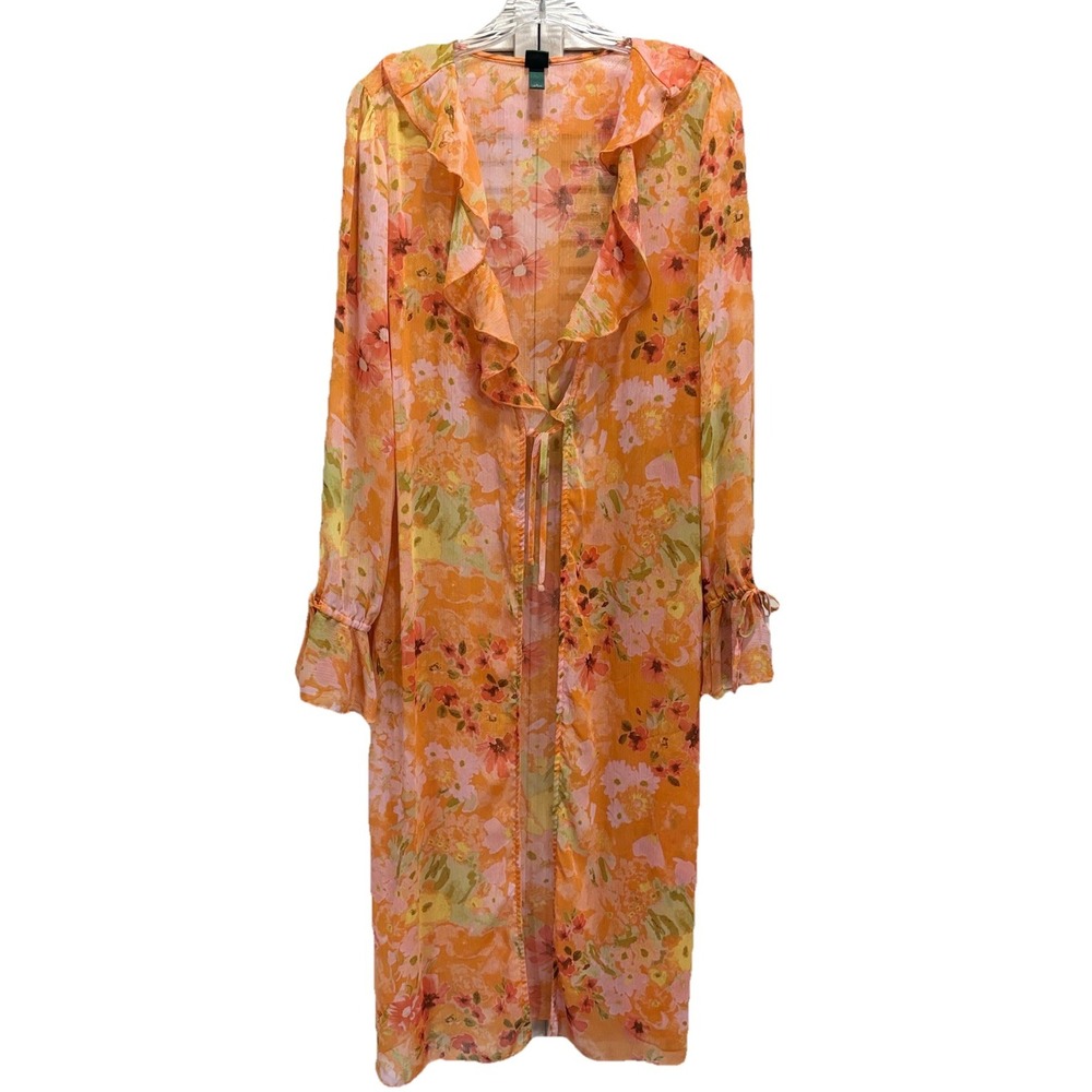 Wild‎ Fable Orange/Pink Floral Chiffon Long Sleeve Duster Size S Long Ruffle Tie
